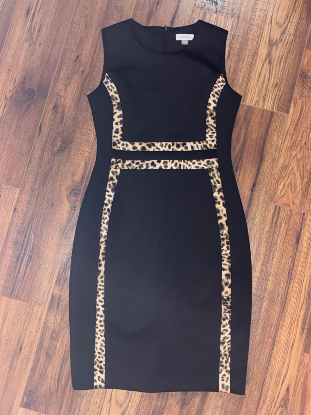 NWT Calvin Klein Black Leopard Scuba style Sheath Dress with Leopard Trim - Picture 6 of 15